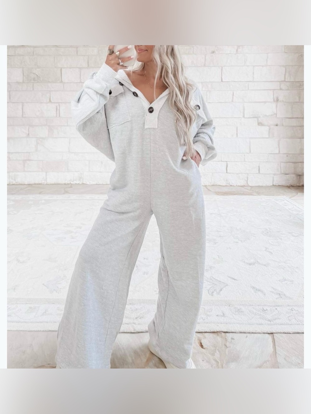 Bucket List Oversized Two-Tone Gray Wide Leg Jumpsuit Raw Edges Texture Button M - Picture 2 of 16